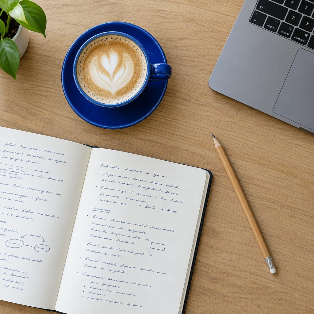 A flat white in a blue cup beside an open notebook, a pencil and a laptop on a wooden desk
