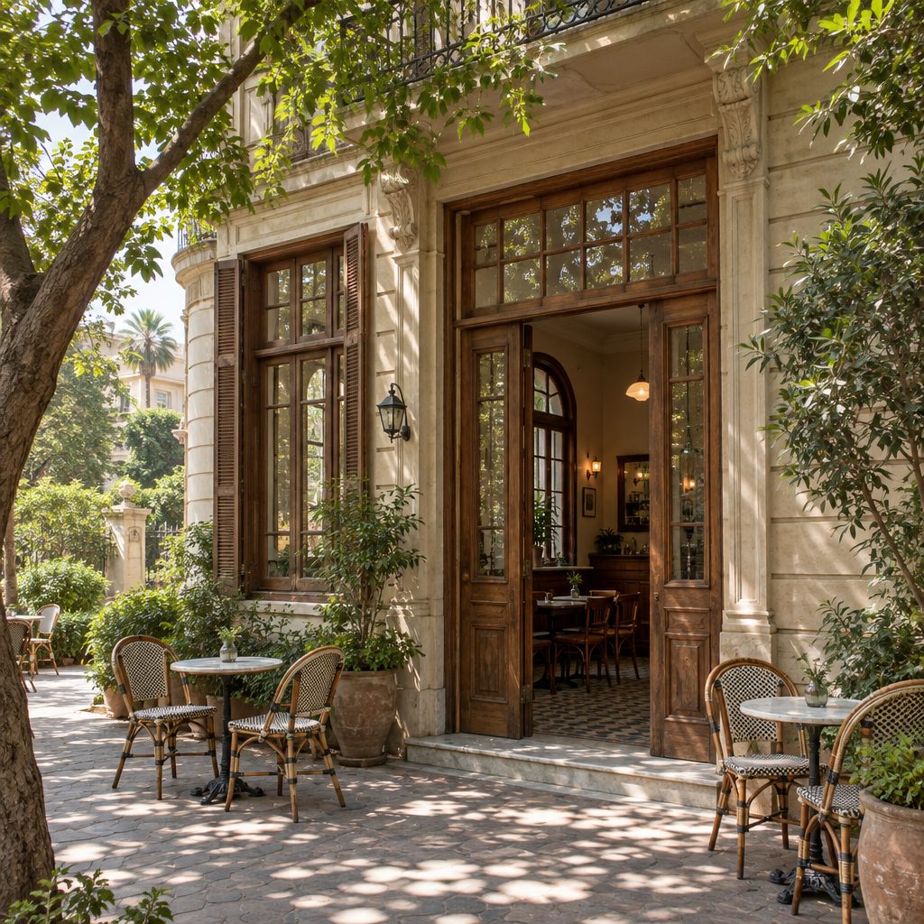 Tall wooden doors open onto a shaded Garden City pavement, with bistro tables under the trees