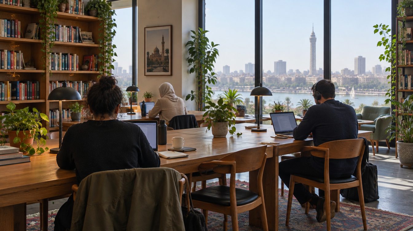 Long wooden tables by tall windows over the Nile, people working on laptops between bookshelves and plants